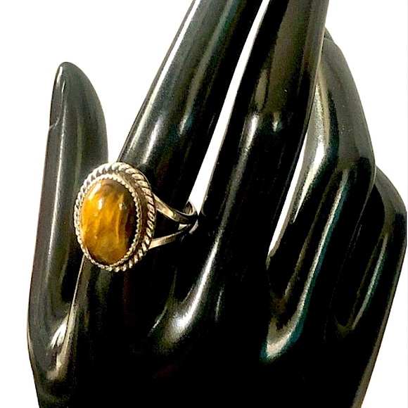 Native American Sterling Silver Ring w Tigers Eye and Woven Detail Sz 10-1/2 - Picture 6 of 17